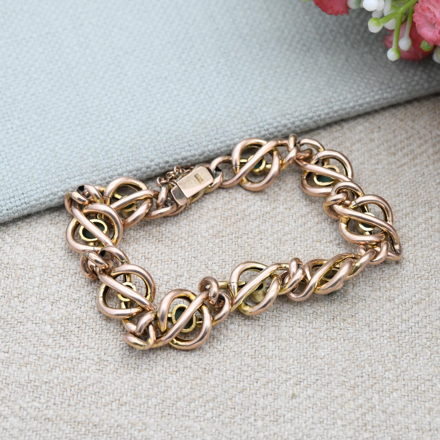 Antique Victorian 9ct Gold Turquoise Bracelet Quatrefoil Knot and Curb Link Design - Oval and Round Cabochon Gemstones | Celtic Knot Symbol