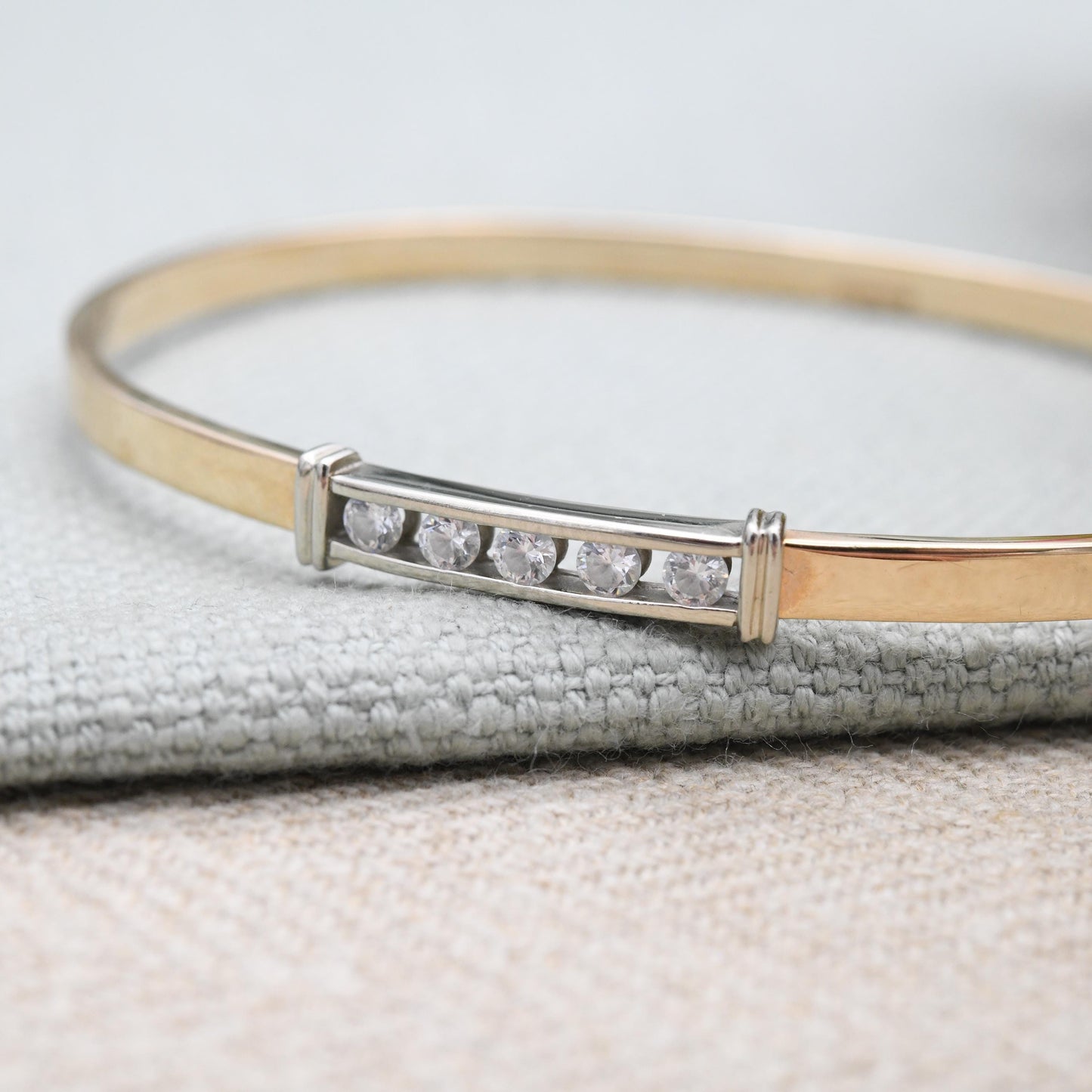 Vintage 9ct Gold CZ Bangle Bracelet KMS 9K - Minimal Clear Five Stone Design | Two Tone Yellow Gold White Gold | Solid Gold Jewellery Gift