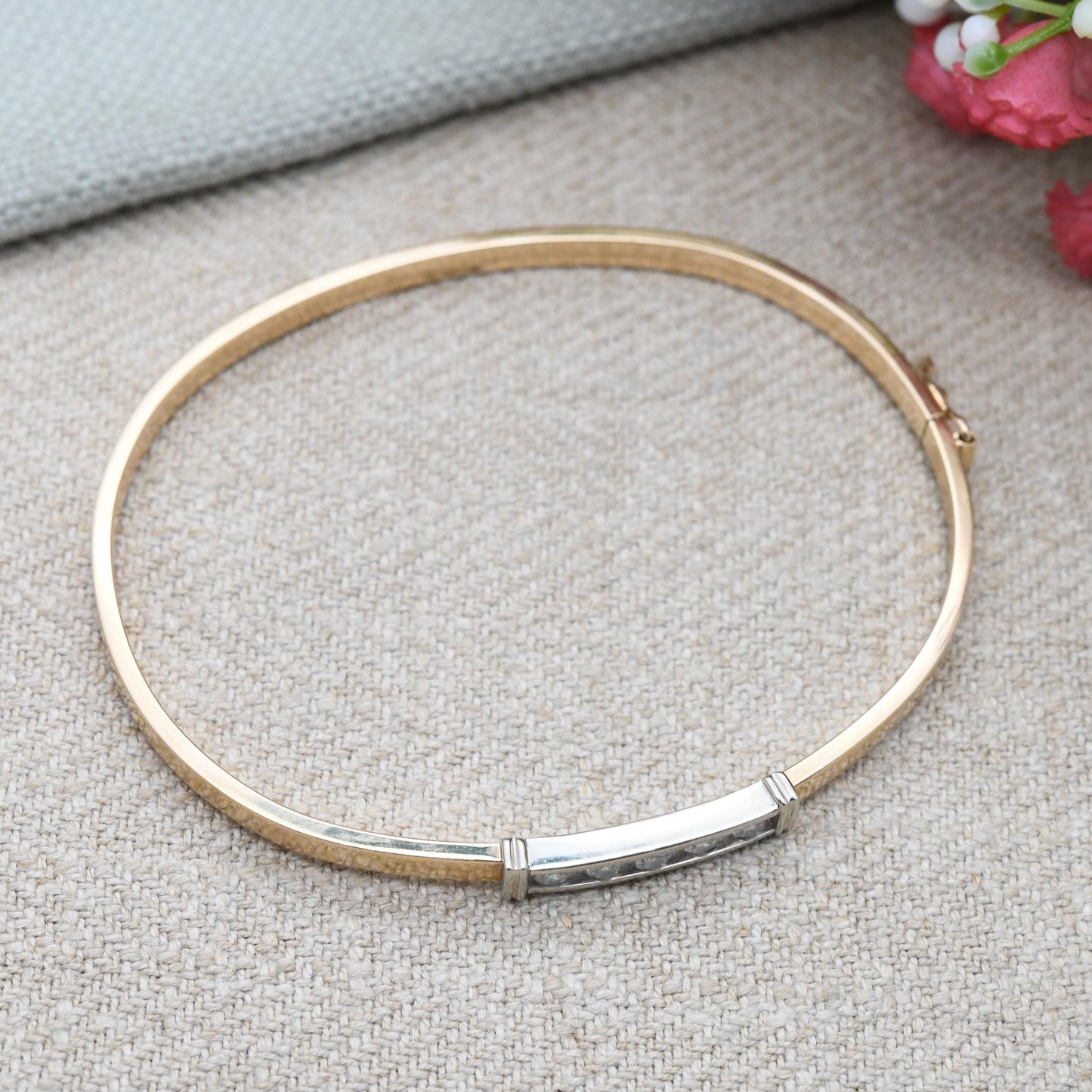 Vintage 9ct Gold CZ Bangle Bracelet KMS 9K - Minimal Clear Five Stone Design | Two Tone Yellow Gold White Gold | Solid Gold Jewellery Gift