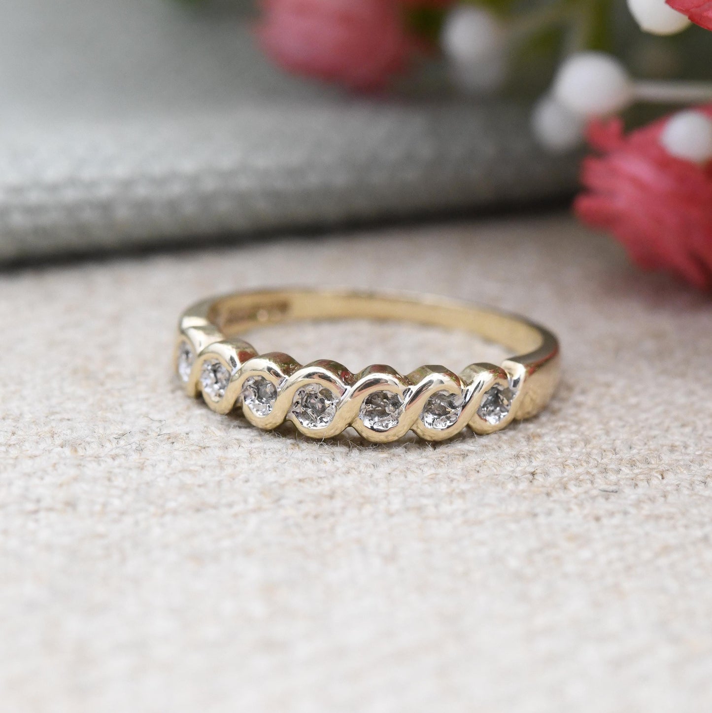 Vintage 9ct Gold Diamond Half Eternity Ring 1993 - Pretty Engagement Wedding Stacking Ring Jewellery Gift | UK Size - K | US Size - 5 1/4