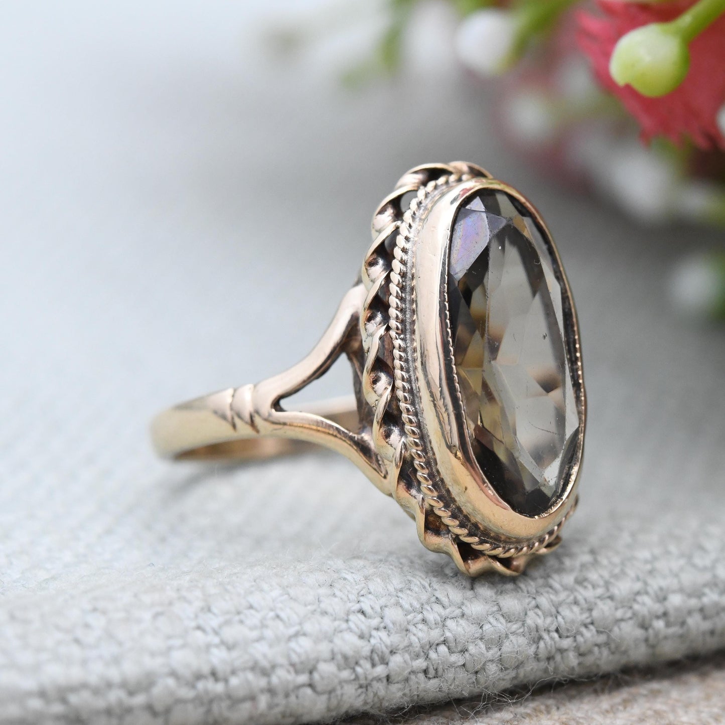 Vintage 9ct Gold Ring Smoky Quartz Statement Ring 1976 Lister and Wright L&W - Mid-Century Large Gemstone | UK Size - N 1/2 | US Size - 7