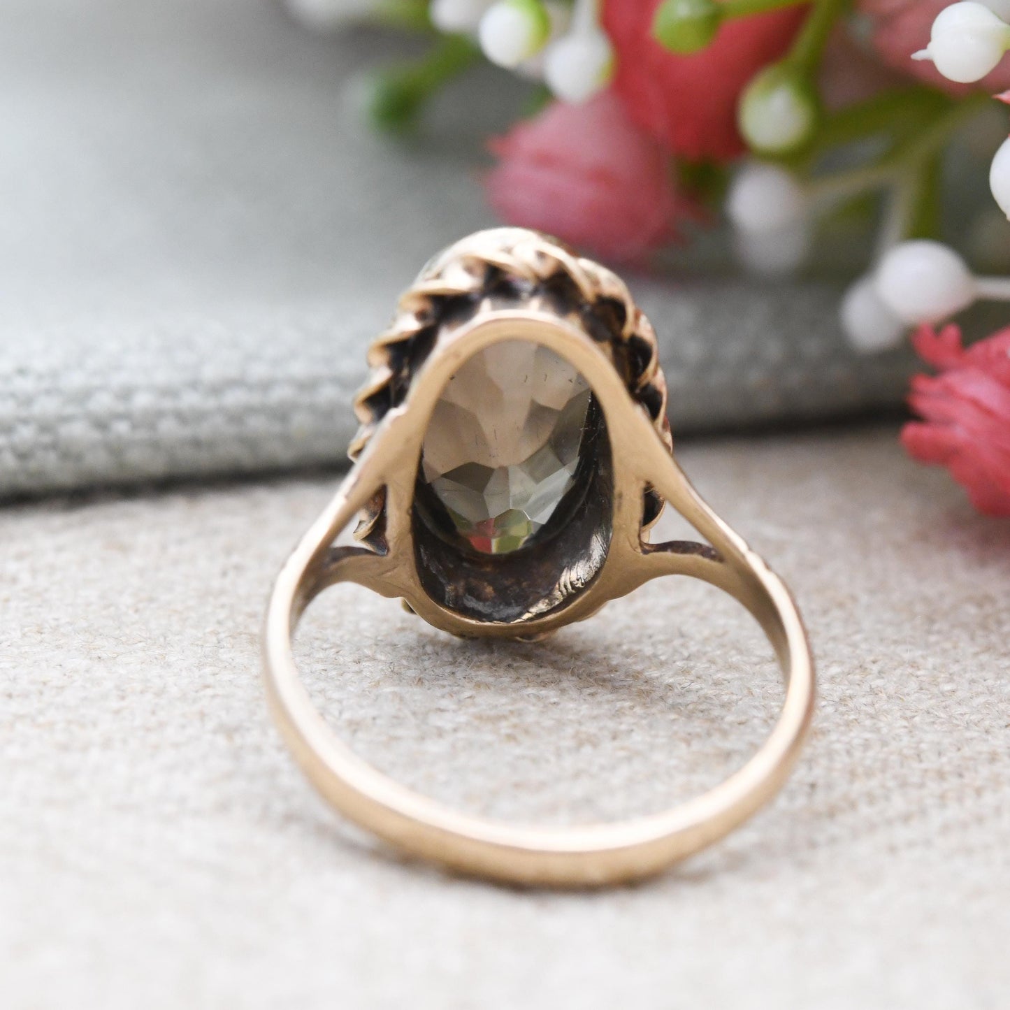 Vintage 9ct Gold Ring Smoky Quartz Statement Ring 1976 Lister and Wright L&W - Mid-Century Large Gemstone | UK Size - N 1/2 | US Size - 7