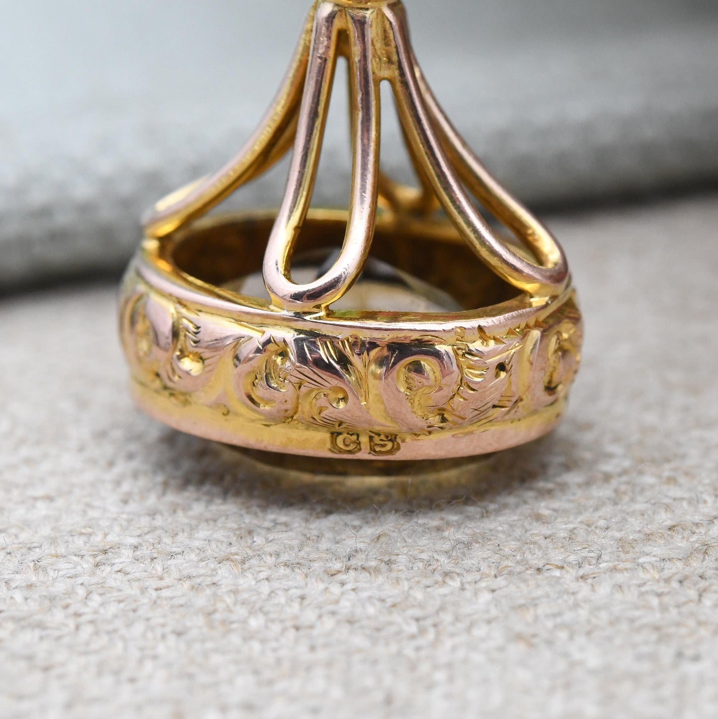 Antique 9ct Gold Fob Pendant with Citrine Gemstone 1923 CS - Embossed Floral Scrolling Pattern Large Yellow Gemstone Ornate Pretty Necklace