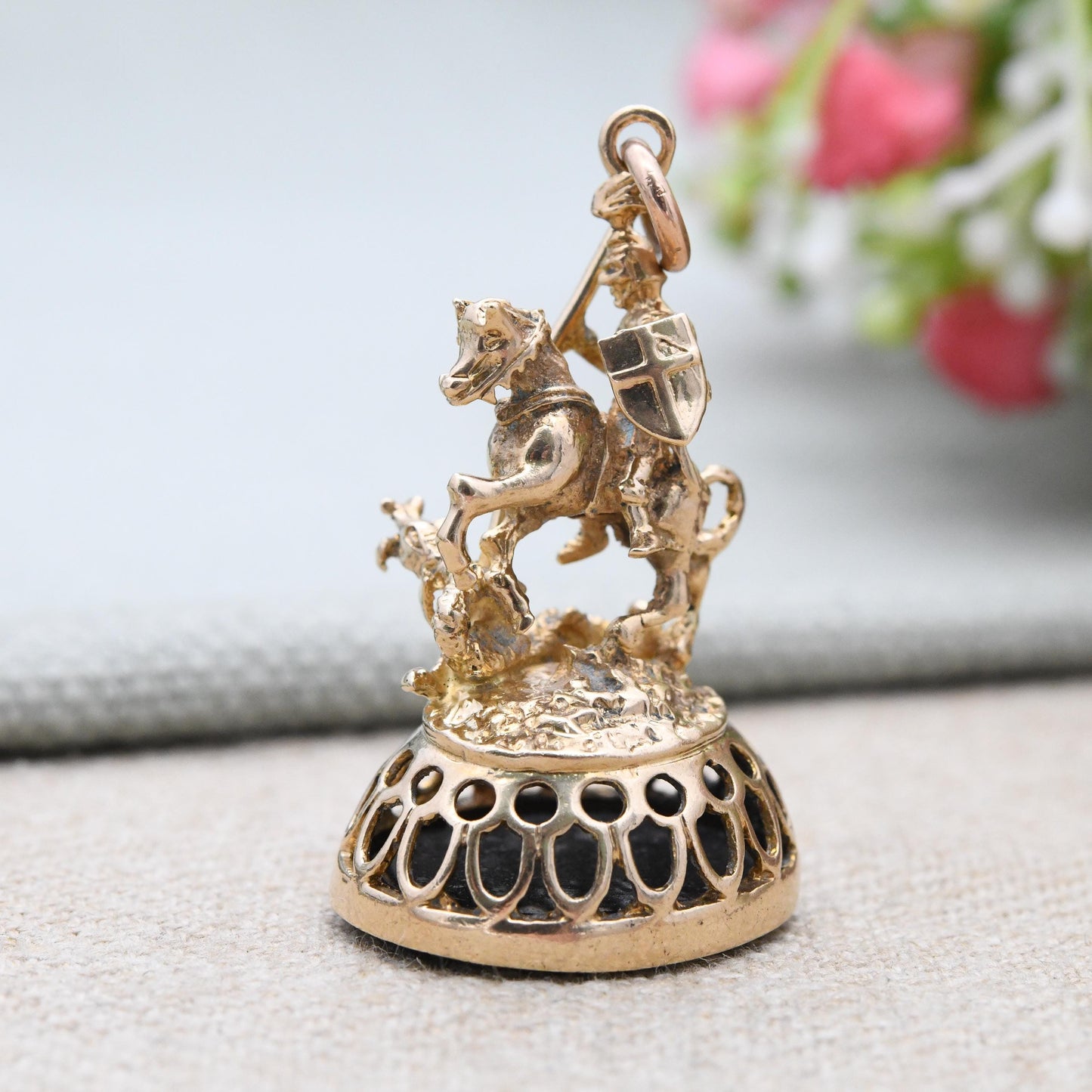 Vintage 9ct Gold Watch Fob Pendant St George and the Dragon 1973 by Fred Manshaw - Large Detailed Gold Charm Antique Style Black Carved Seal