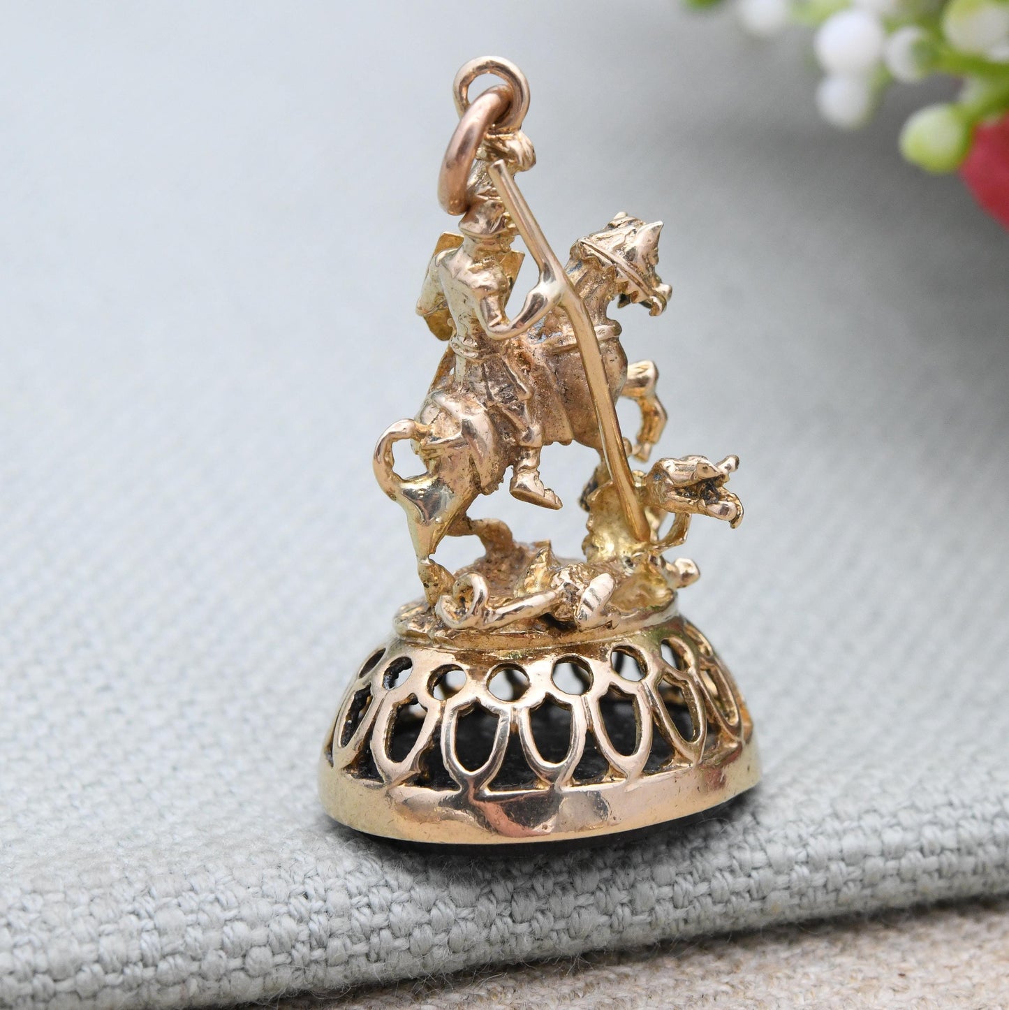 Vintage 9ct Gold Watch Fob Pendant St George and the Dragon 1973 by Fred Manshaw - Large Detailed Gold Charm Antique Style Black Carved Seal