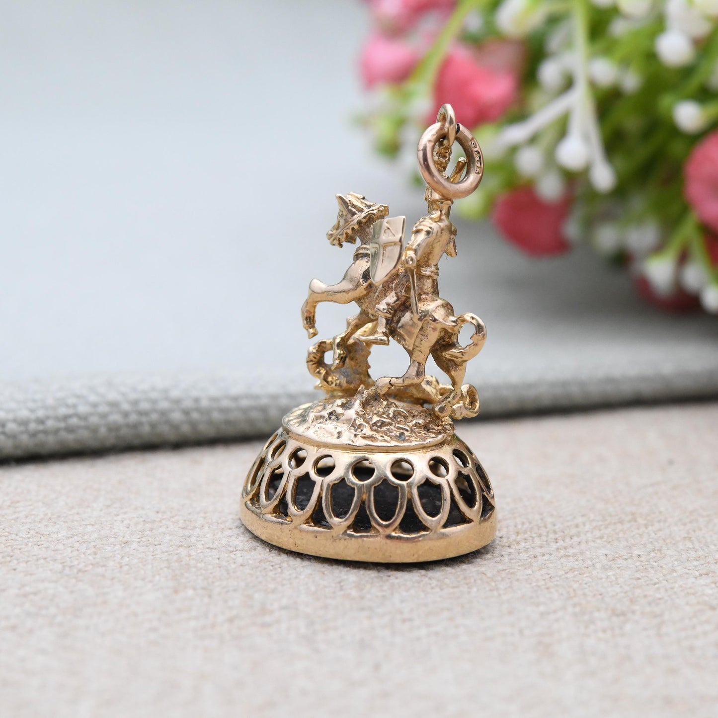Vintage 9ct Gold Watch Fob Pendant St George and the Dragon 1973 by Fred Manshaw - Large Detailed Gold Charm Antique Style Black Carved Seal