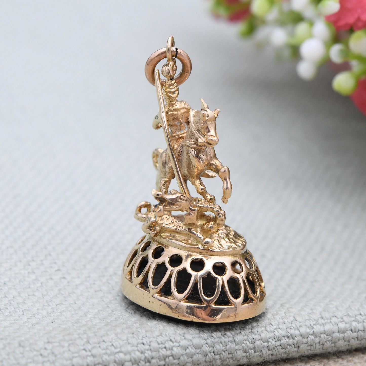 Vintage 9ct Gold Watch Fob Pendant St George and the Dragon 1973 by Fred Manshaw - Large Detailed Gold Charm Antique Style Black Carved Seal