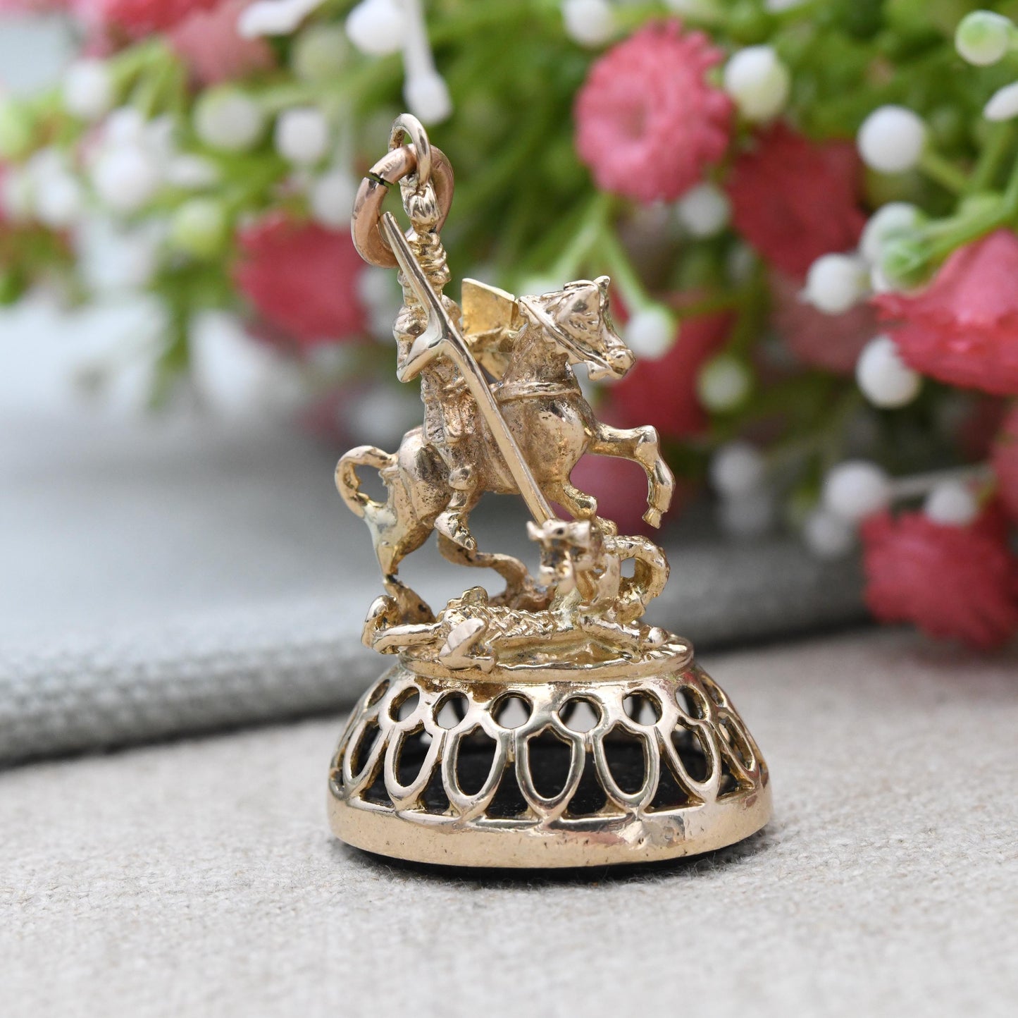 Vintage 9ct Gold Watch Fob Pendant St George and the Dragon 1973 by Fred Manshaw - Large Detailed Gold Charm Antique Style Black Carved Seal