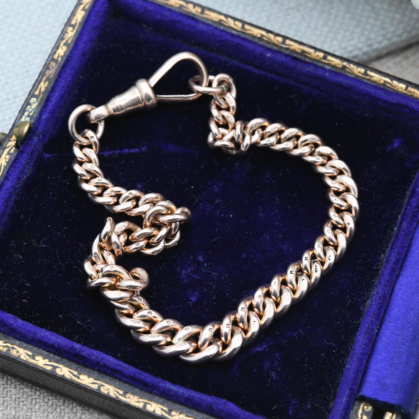 Antique 9ct Gold Bracelet Curb Link Chain with Dog Clip Clasp - Watch Chain Conversion Graduated Links | Hallmark Stamp to Every Link | 19cm