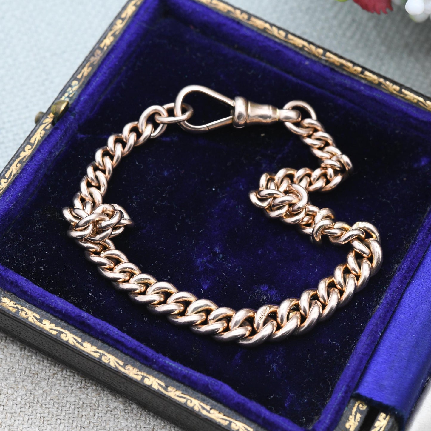 Antique 9ct Gold Bracelet Curb Link Chain with Dog Clip Clasp - Watch Chain Conversion Graduated Links | Hallmark Stamp to Every Link | 19cm