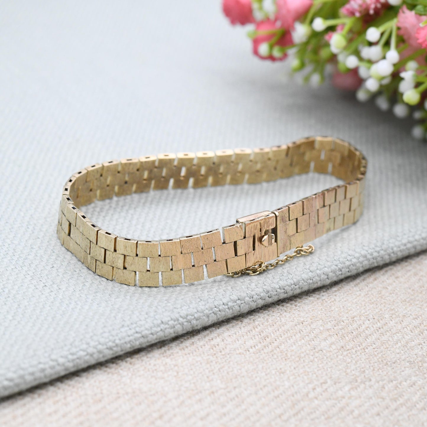 Vintage 9ct Gold Bracelet Brick Link c. 1980 - Flexible Liquid Link | Brushed Textured Yellow Gold | Unisex Solid Gold Jewellery Gift | 19cm