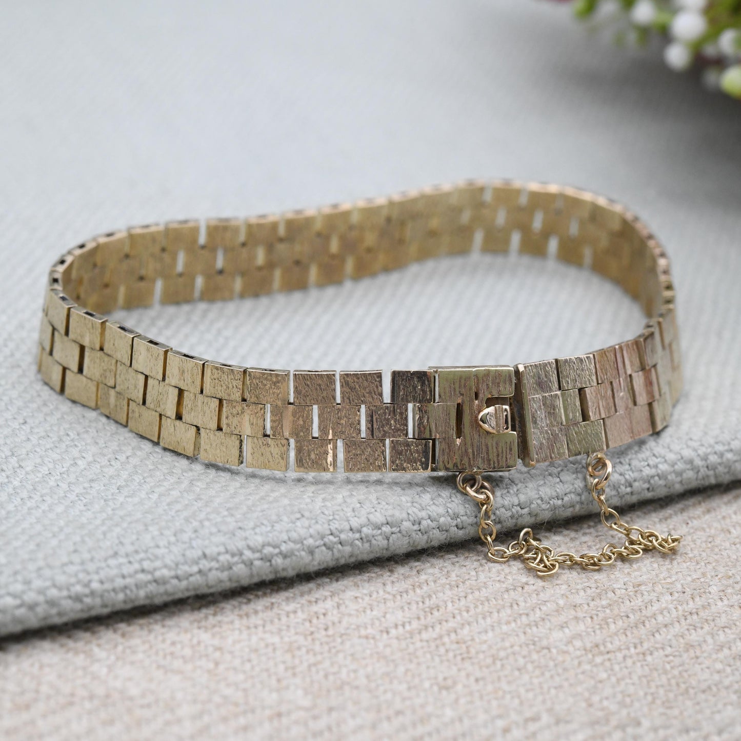 Vintage 9ct Gold Bracelet Brick Link c. 1980 - Flexible Liquid Link | Brushed Textured Yellow Gold | Unisex Solid Gold Jewellery Gift | 19cm