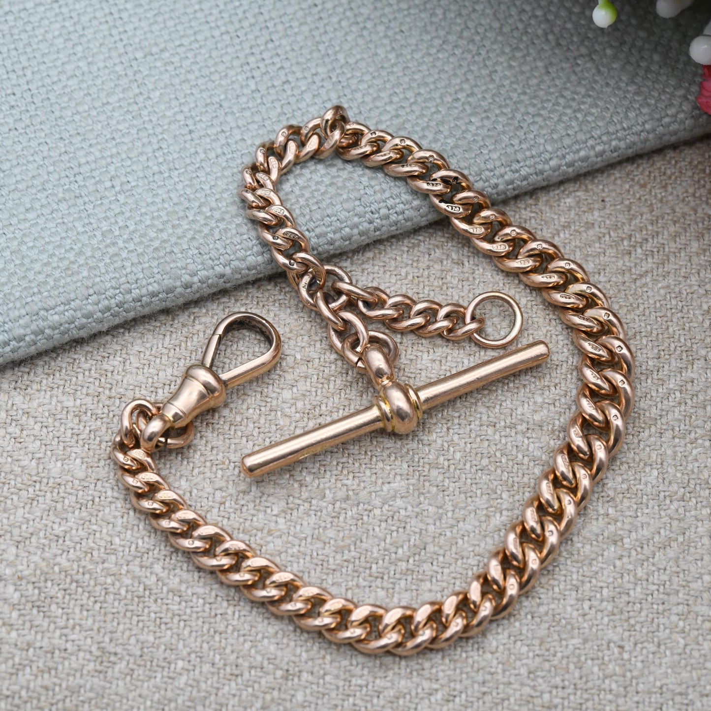 Antique 9ct Gold Bracelet Curb Link Chain with T-Bar Dog Clip - Watch Chain Conversion Graduated Links | Hallmark Stamp to Links | 17cm 19cm