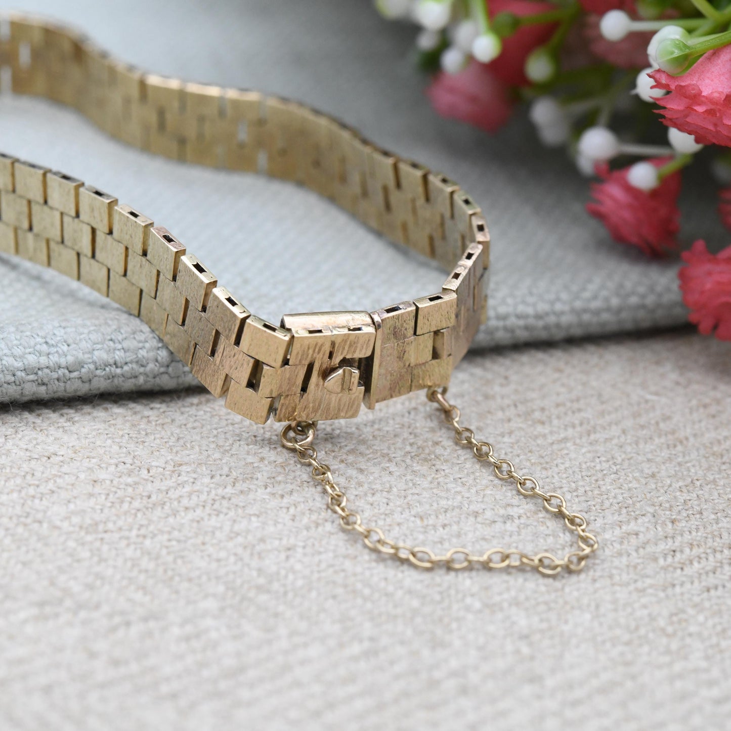 Vintage 9ct Gold Bracelet Brick Link c. 1980 - Flexible Liquid Link | Brushed Textured Yellow Gold | Unisex Solid Gold Jewellery Gift | 19cm