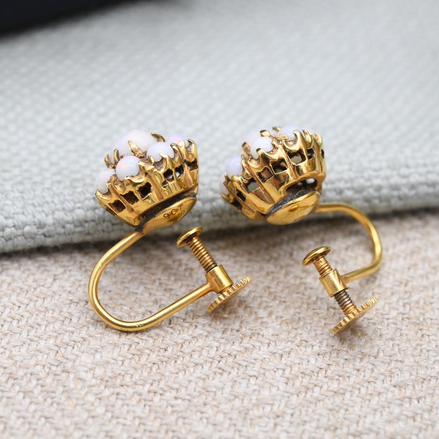 Antique 9ct Gold Opal Earrings Gemstone Cluster Screw Back c. 1910s - Early 20th Century Statement Jewellery | Colourful Flash |