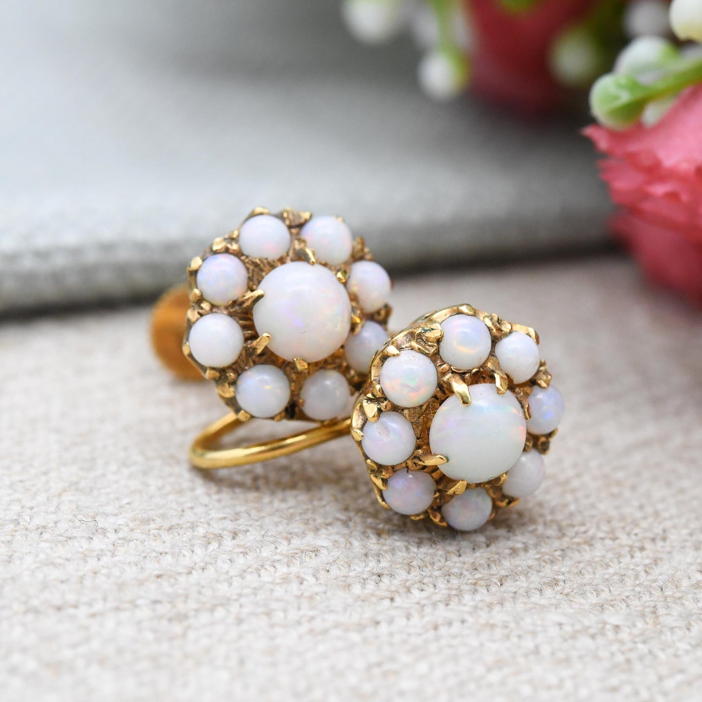 Antique 9ct Gold Opal Earrings Gemstone Cluster Screw Back c. 1910s - Early 20th Century Statement Jewellery | Colourful Flash |
