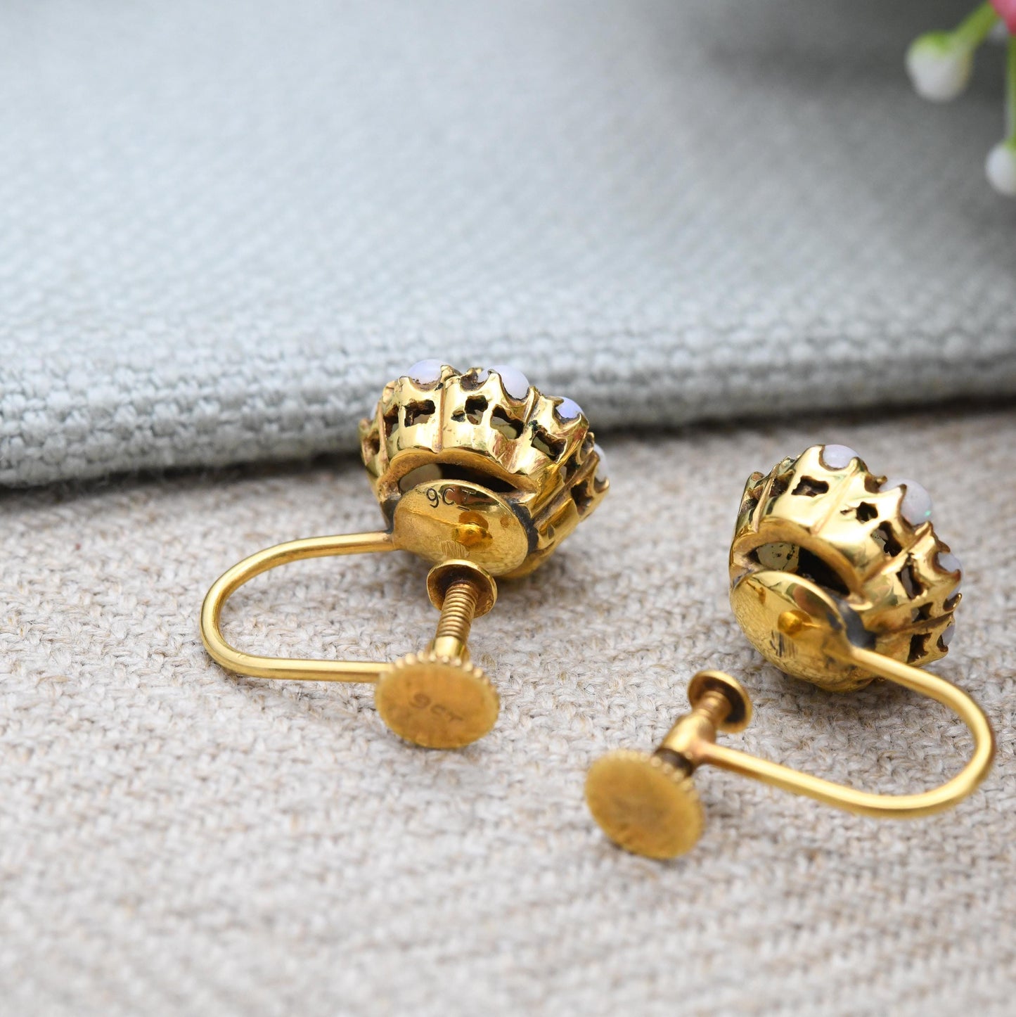 Antique 9ct Gold Opal Earrings Gemstone Cluster Screw Back c. 1910s - Early 20th Century Statement Jewellery | Colourful Flash |