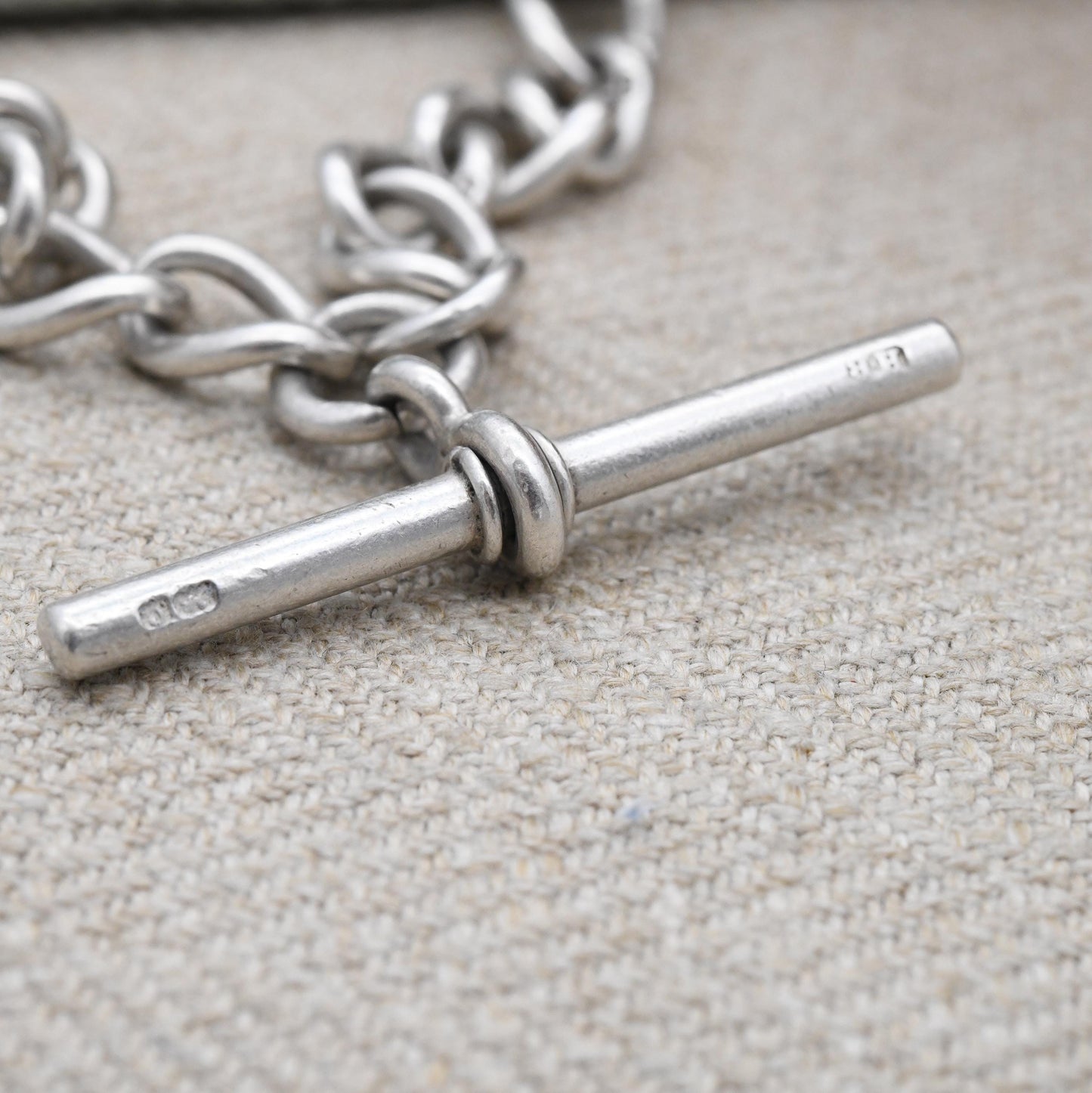 Antique Sterling Silver Albert Chain Choker Necklace 1902 with Dog Clip and T-Bar - Edwardian Chunky Solid Each Link Stamped | 39cm Extender