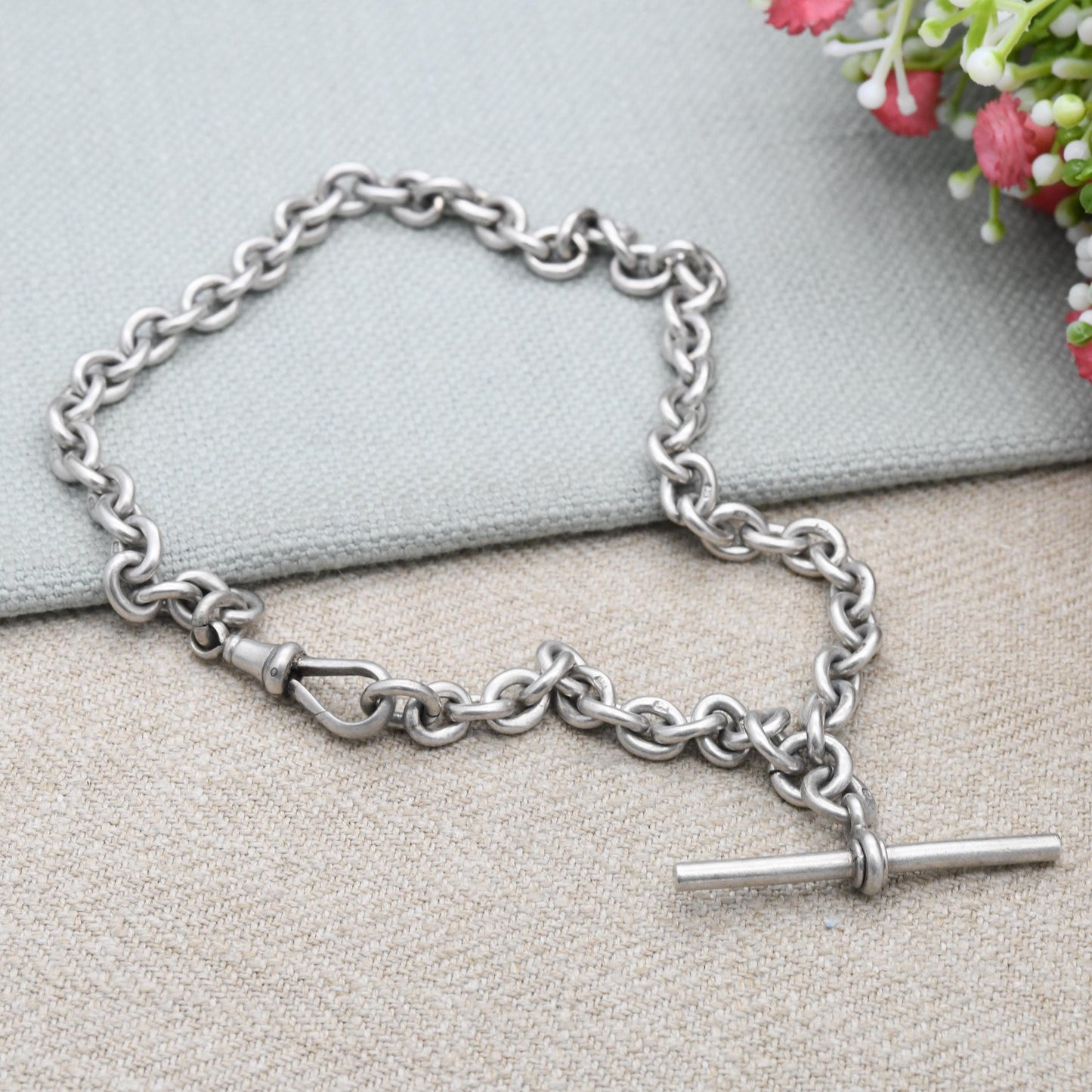 Antique Sterling Silver Albert Chain Cable Link 1891 with Dog Clip and T-Bar CS FS - Victorian Solid Single Albert Each Link Stamped | 35cm