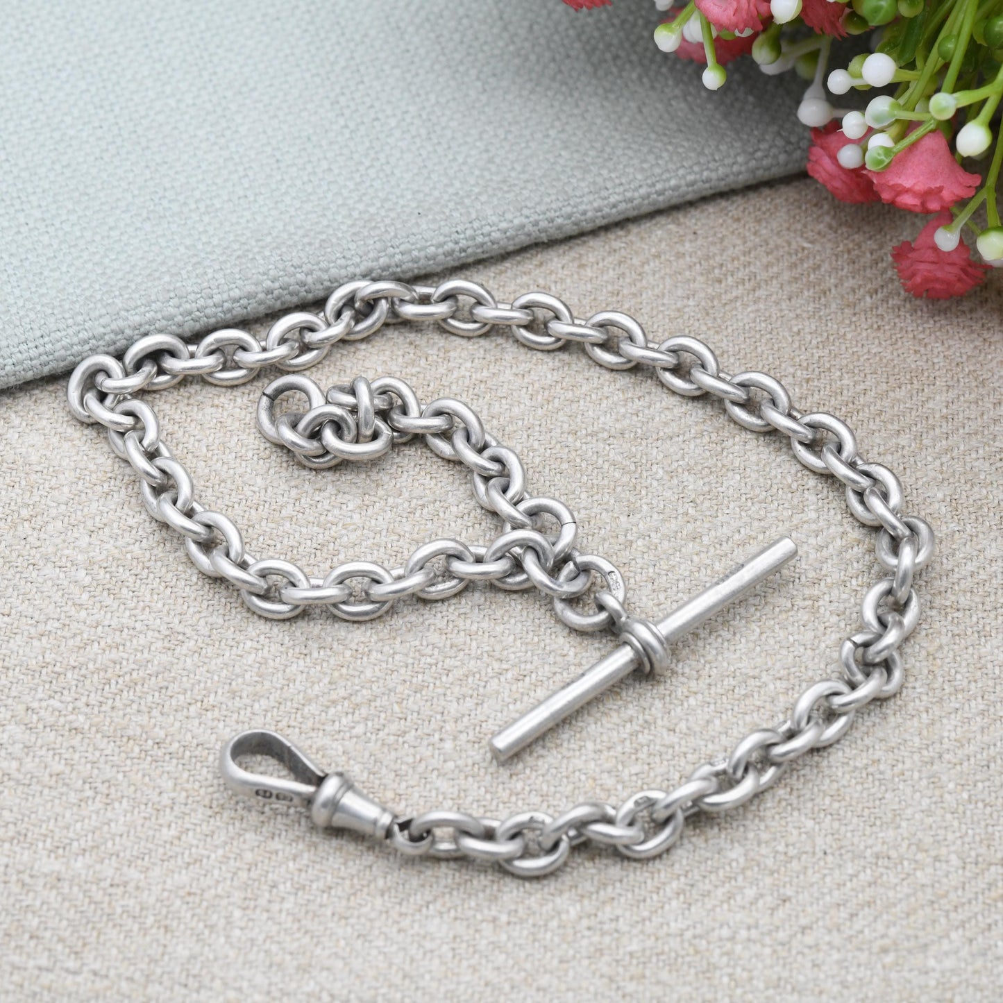 Antique Sterling Silver Albert Chain Cable Link 1891 with Dog Clip and T-Bar CS FS - Victorian Solid Single Albert Each Link Stamped | 35cm
