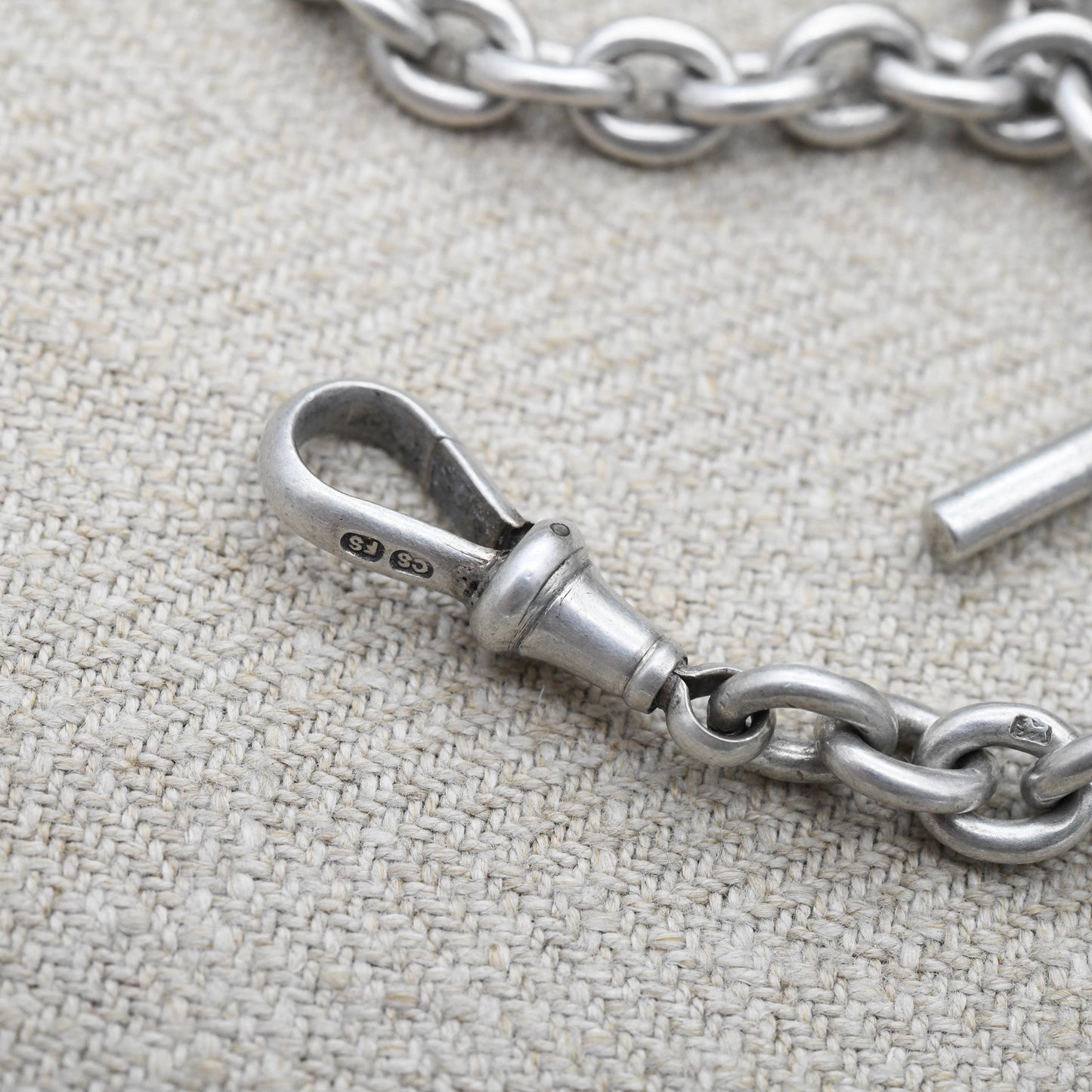 Antique Sterling Silver Albert Chain Cable Link 1891 with Dog Clip and T-Bar CS FS - Victorian Solid Single Albert Each Link Stamped | 35cm