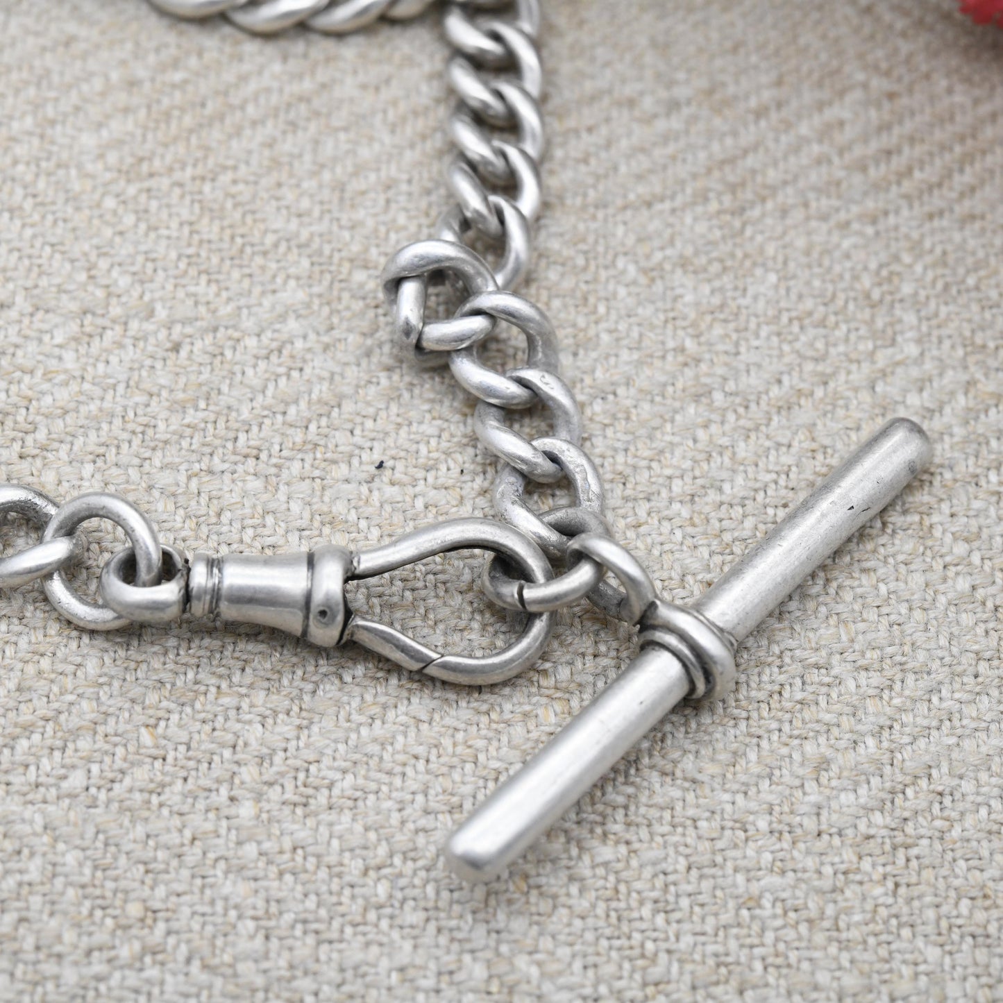 Antique Sterling Silver Necklace Curb Link Chain Victorian 1886 Dog Clip and T-Bar - Chunky Solid Choker Length Watch Chain | 37cm 14.5"