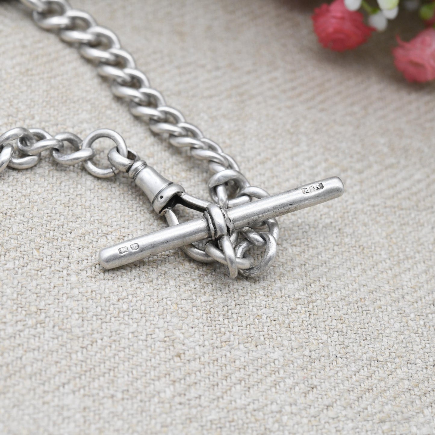 Antique Sterling Silver Necklace Curb Link Chain Victorian 1886 Dog Clip and T-Bar - Chunky Solid Choker Length Watch Chain | 37cm 14.5"