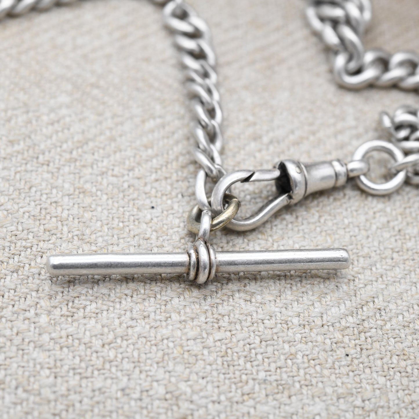 Antique Sterling Silver Albert Chain 1903 Curb Link with Dog Clip and T-Bar - Edwardian Graduated Solid Chain | Each Link Stamped | 32.5cm