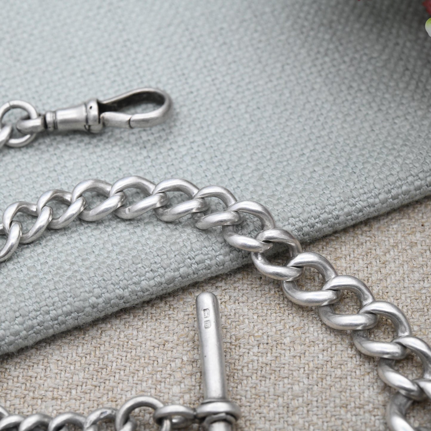 Antique Sterling Silver Necklace Curb Link Chain Victorian 1886 Dog Clip and T-Bar - Chunky Solid Choker Length Watch Chain | 37cm 14.5"