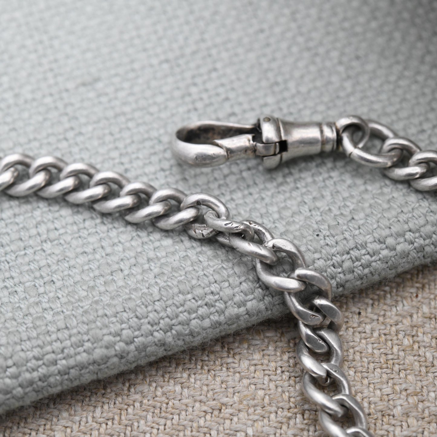 Antique Sterling Silver Albert Chain 1903 Curb Link with Dog Clip and T-Bar - Edwardian Graduated Solid Chain | Each Link Stamped | 32.5cm