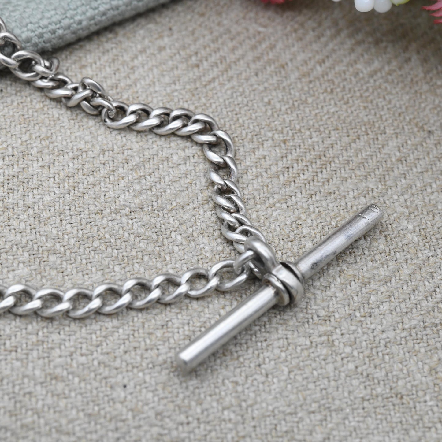 Antique Sterling Silver Double Albert Watch Chain Necklace 1919 T-Bar Pendant Dog Clips - Hallmarks Lion Stamped to Every Link | 41.5cm 16"