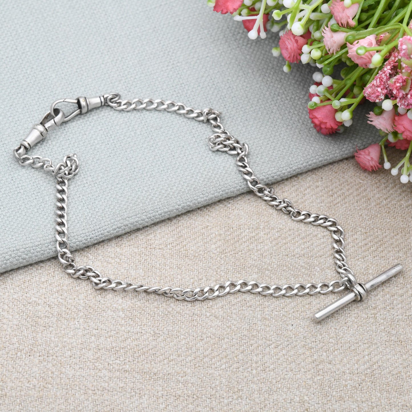 Antique Sterling Silver Double Albert Watch Chain Necklace 1919 T-Bar Pendant Dog Clips - Hallmarks Lion Stamped to Every Link | 41.5cm 16"