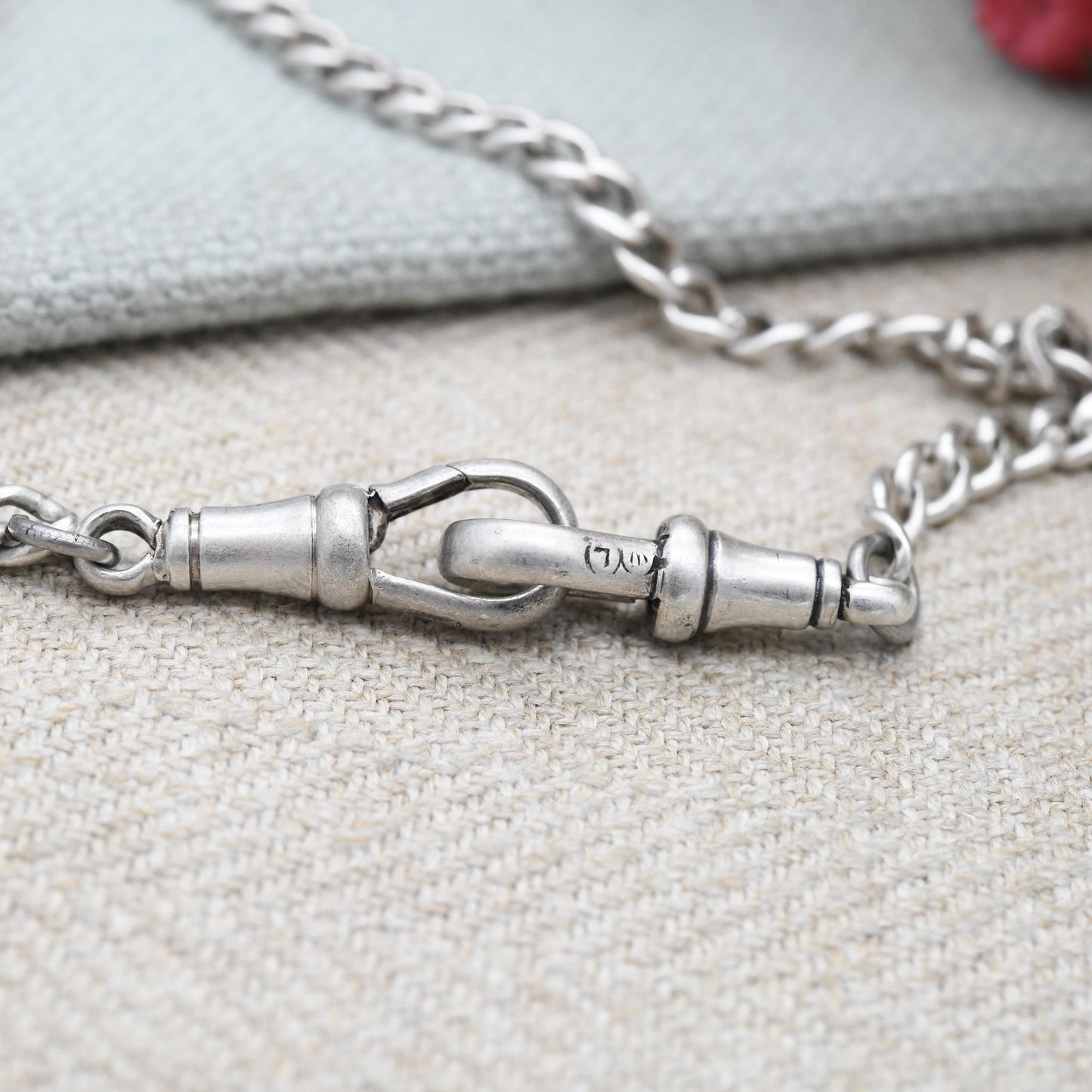 Antique Sterling Silver Double Albert Watch Chain Necklace 1919 T-Bar Pendant Dog Clips - Hallmarks Lion Stamped to Every Link | 41.5cm 16"