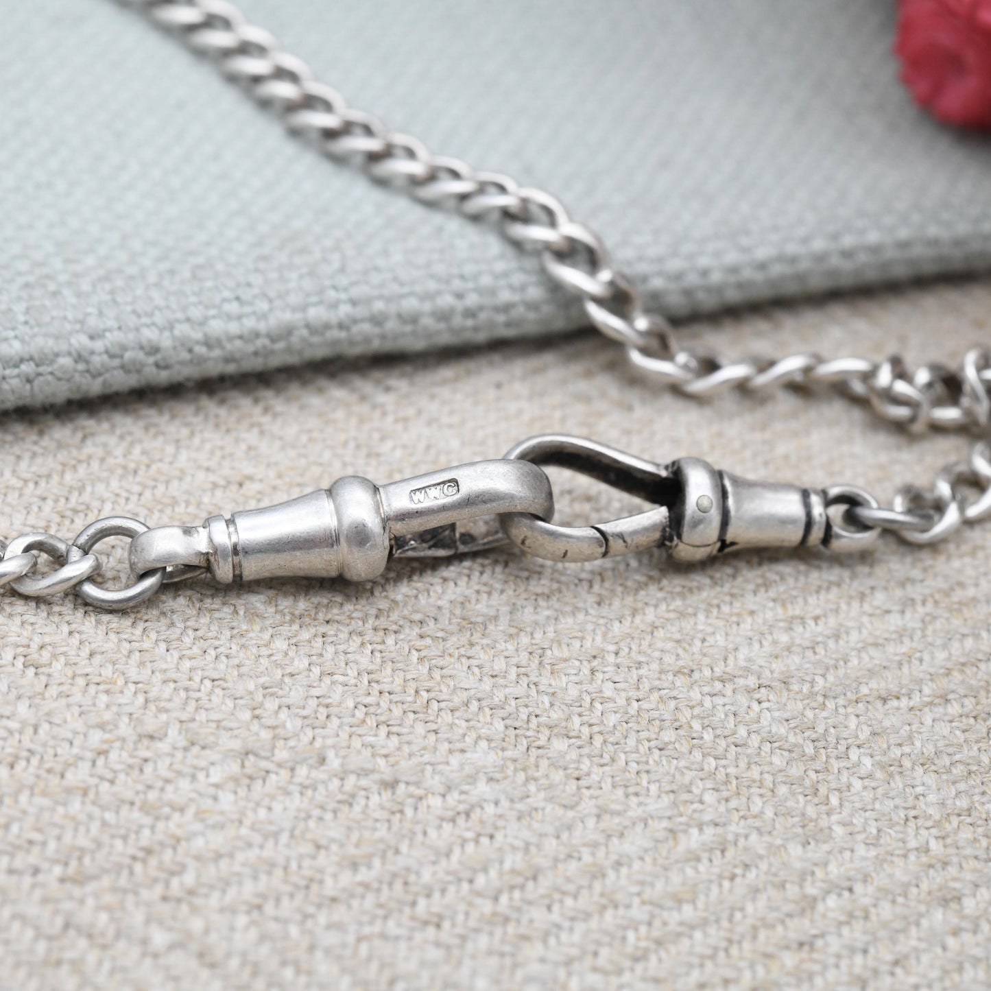 Antique Sterling Silver Double Albert Watch Chain Necklace 1919 T-Bar Pendant Dog Clips - Hallmarks Lion Stamped to Every Link | 41.5cm 16"