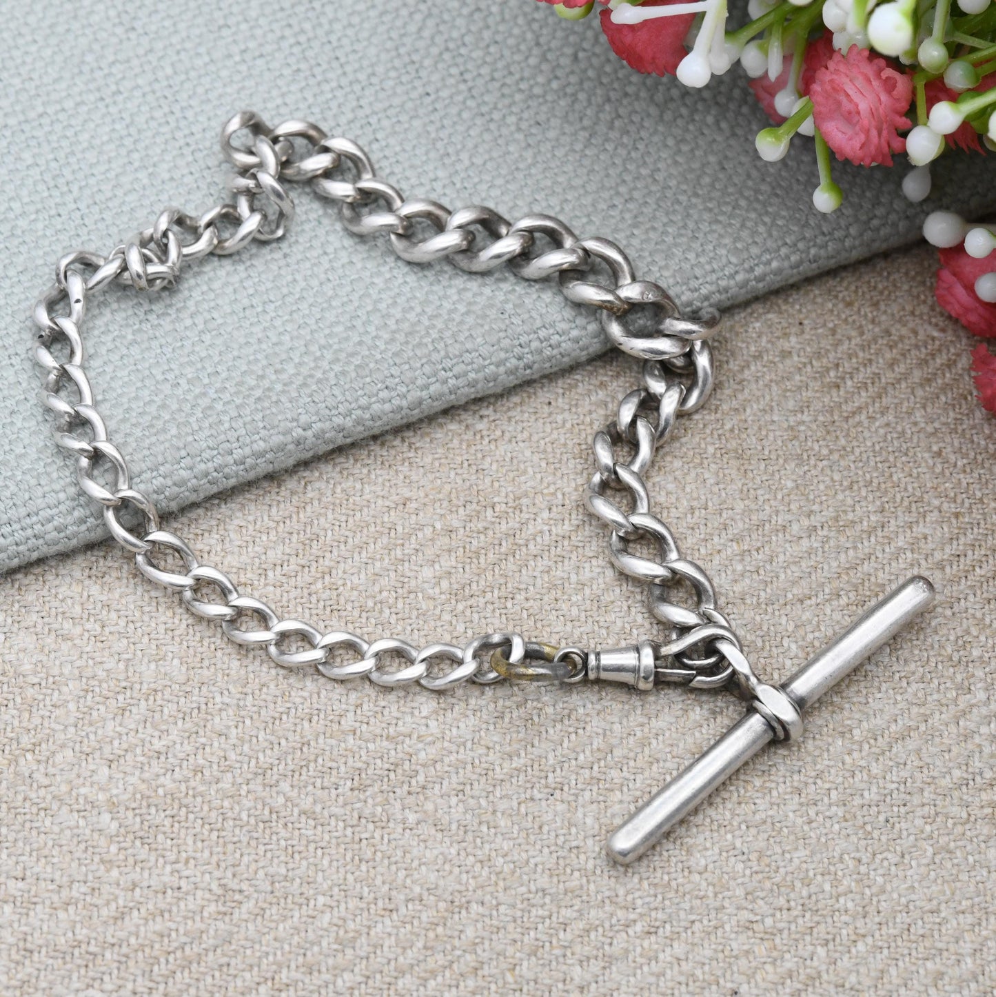 Antique Sterling Silver Albert Chain Graduated Curb Link with Dog Clip and T-Bar - Victorian Edwardian Solid Hallmarked Silver | 25cm