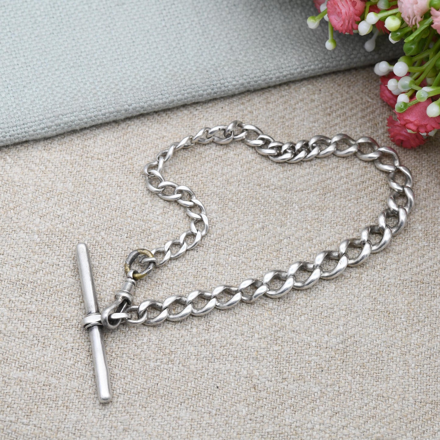 Antique Sterling Silver Albert Chain Graduated Curb Link with Dog Clip and T-Bar - Victorian Edwardian Solid Hallmarked Silver | 25cm