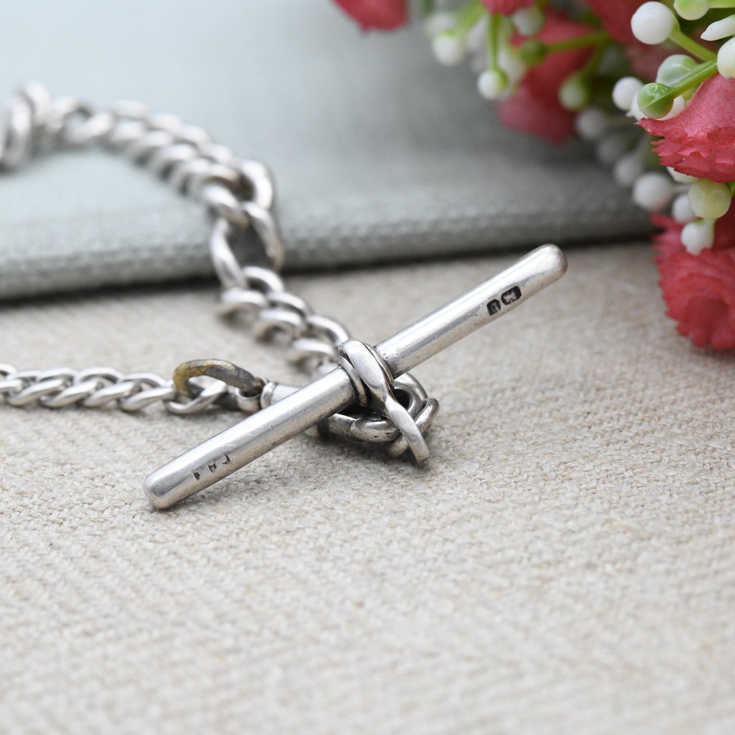 Antique Sterling Silver Albert Chain Graduated Curb Link with Dog Clip and T-Bar - Victorian Edwardian Solid Hallmarked Silver | 25cm