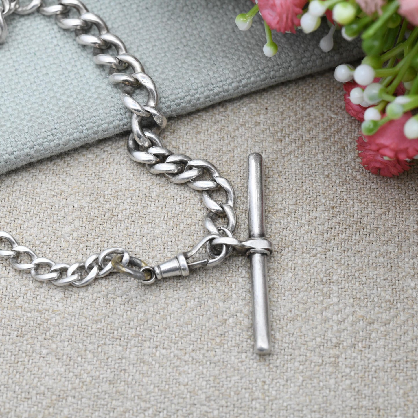 Antique Sterling Silver Albert Chain Graduated Curb Link with Dog Clip and T-Bar - Victorian Edwardian Solid Hallmarked Silver | 25cm