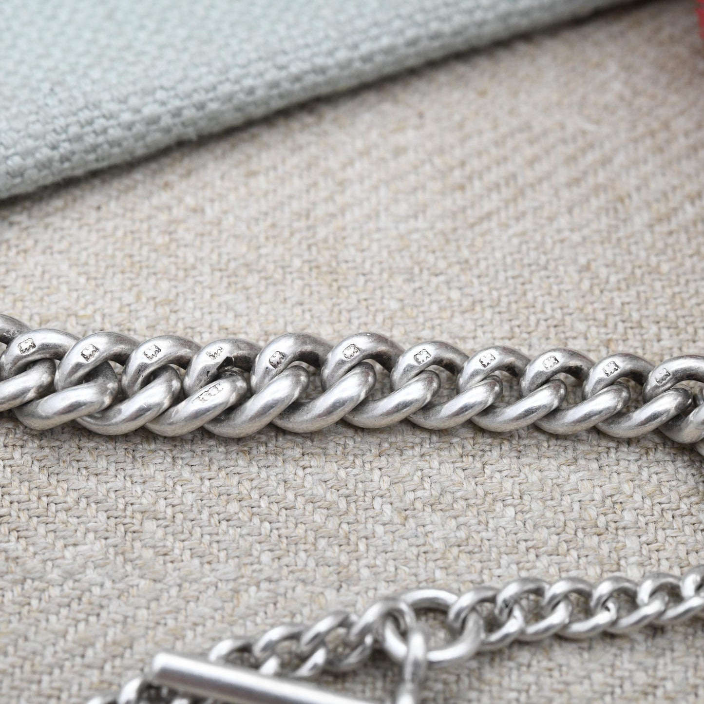 Antique Sterling Silver Albert Chain 1911 Edwardian Watch Chain with Dog Clip and T-Bar - Graduated Curb Link Each Link Stamped | 32cm 12.5"