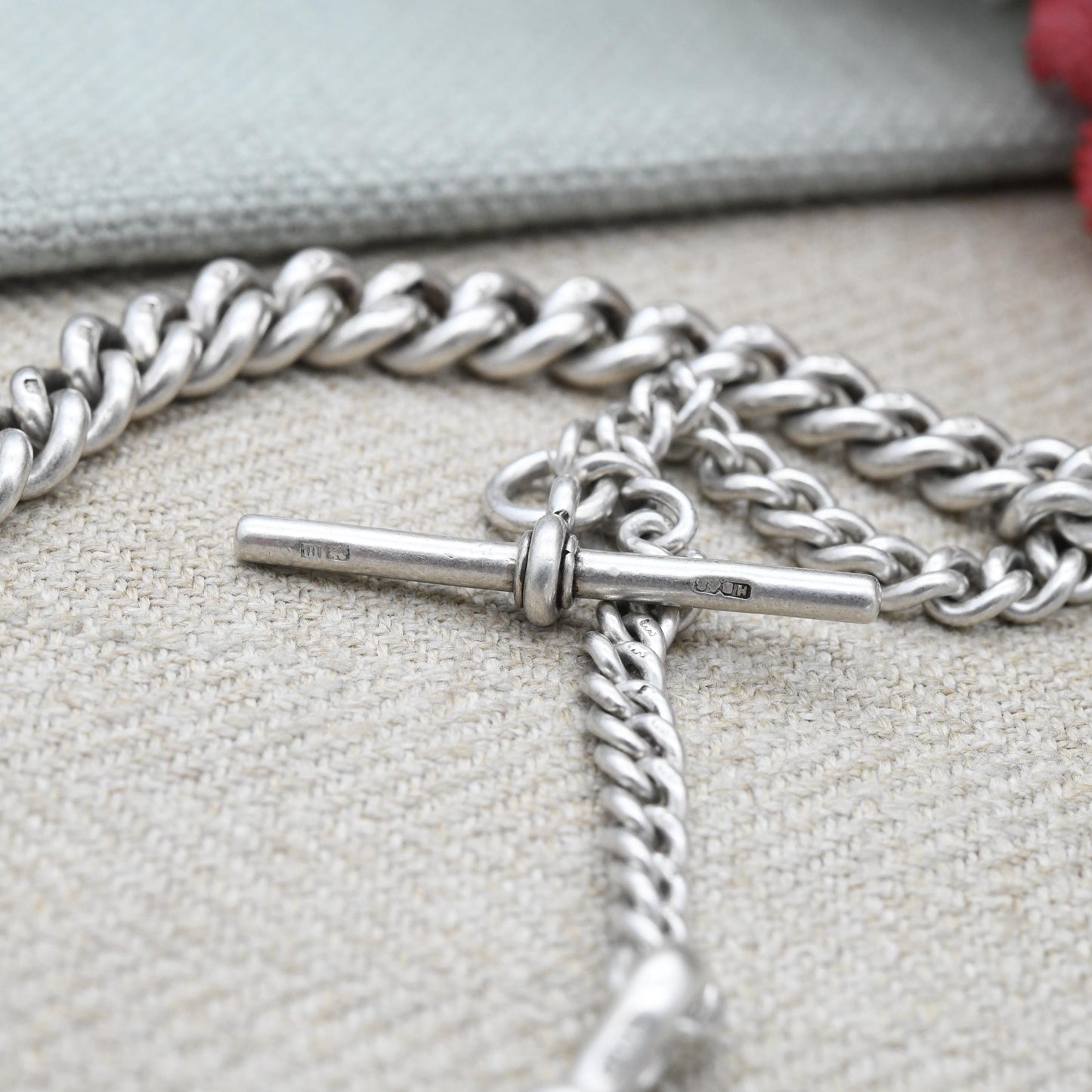 Antique Sterling Silver Albert Chain 1911 Edwardian Watch Chain with Dog Clip and T-Bar - Graduated Curb Link Each Link Stamped | 32cm 12.5"