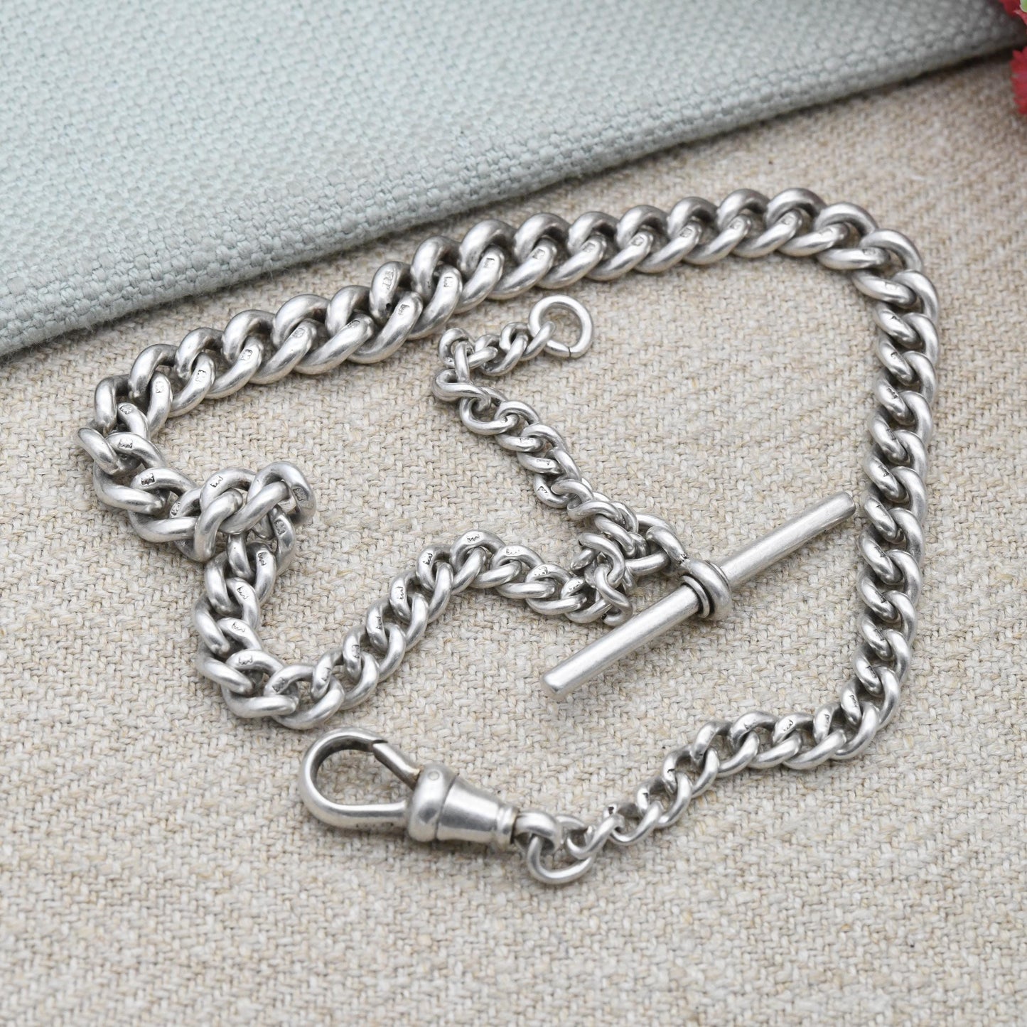 Antique Sterling Silver Albert Chain 1911 Edwardian Watch Chain with Dog Clip and T-Bar - Graduated Curb Link Each Link Stamped | 32cm 12.5"