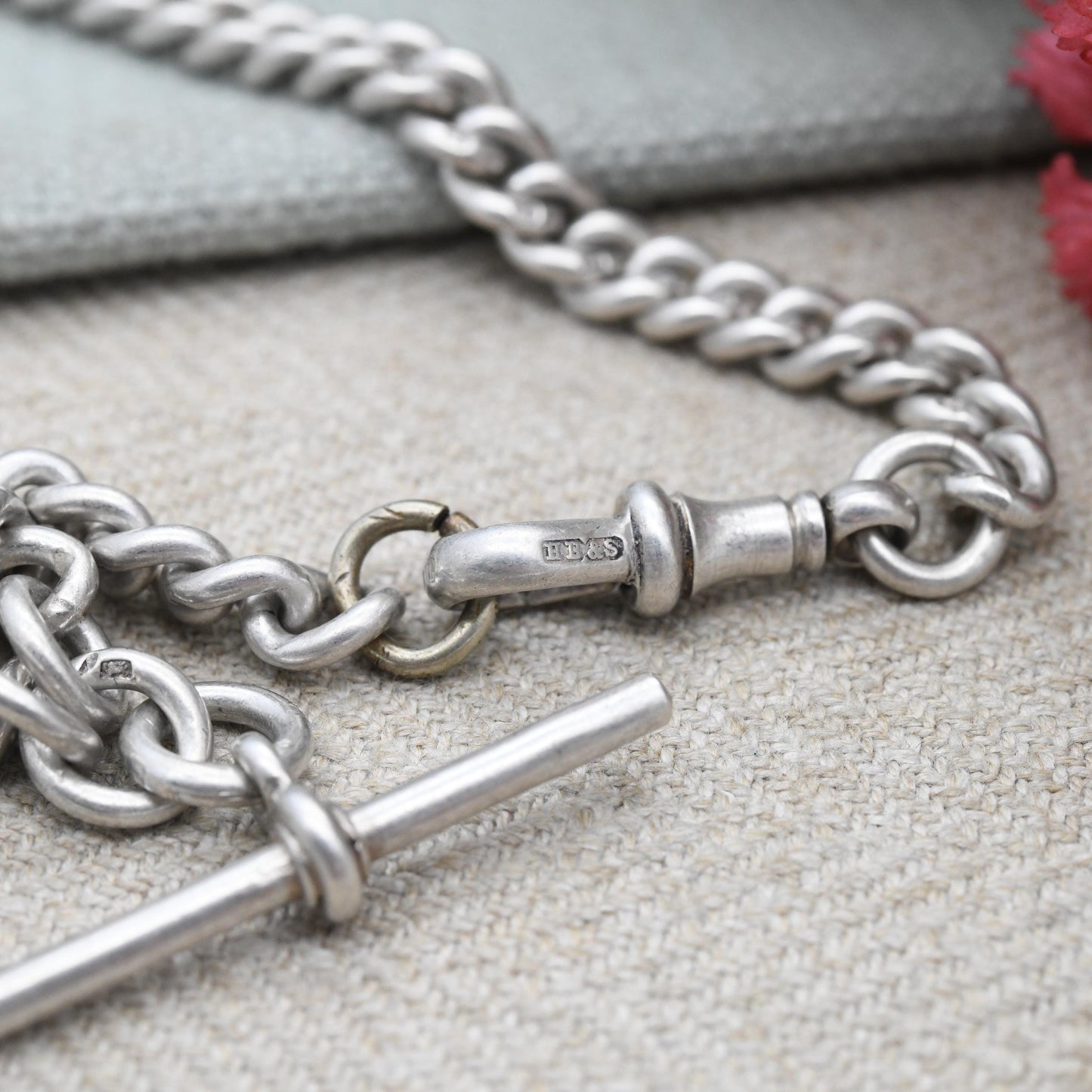 Antique Sterling Silver Chain 1911 Edwardian Watch Chain with Dog Clip and T-Bar - Solid Choker Necklace 34cm 13.5" | Every Link Hallmarked