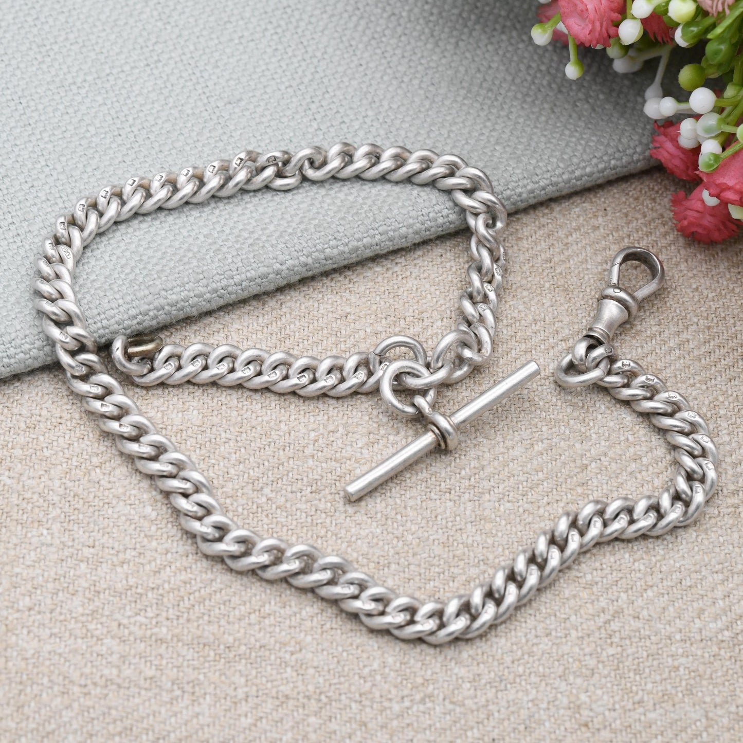 Antique Sterling Silver Chain 1911 Edwardian Watch Chain with Dog Clip and T-Bar - Solid Choker Necklace 34cm 13.5" | Every Link Hallmarked