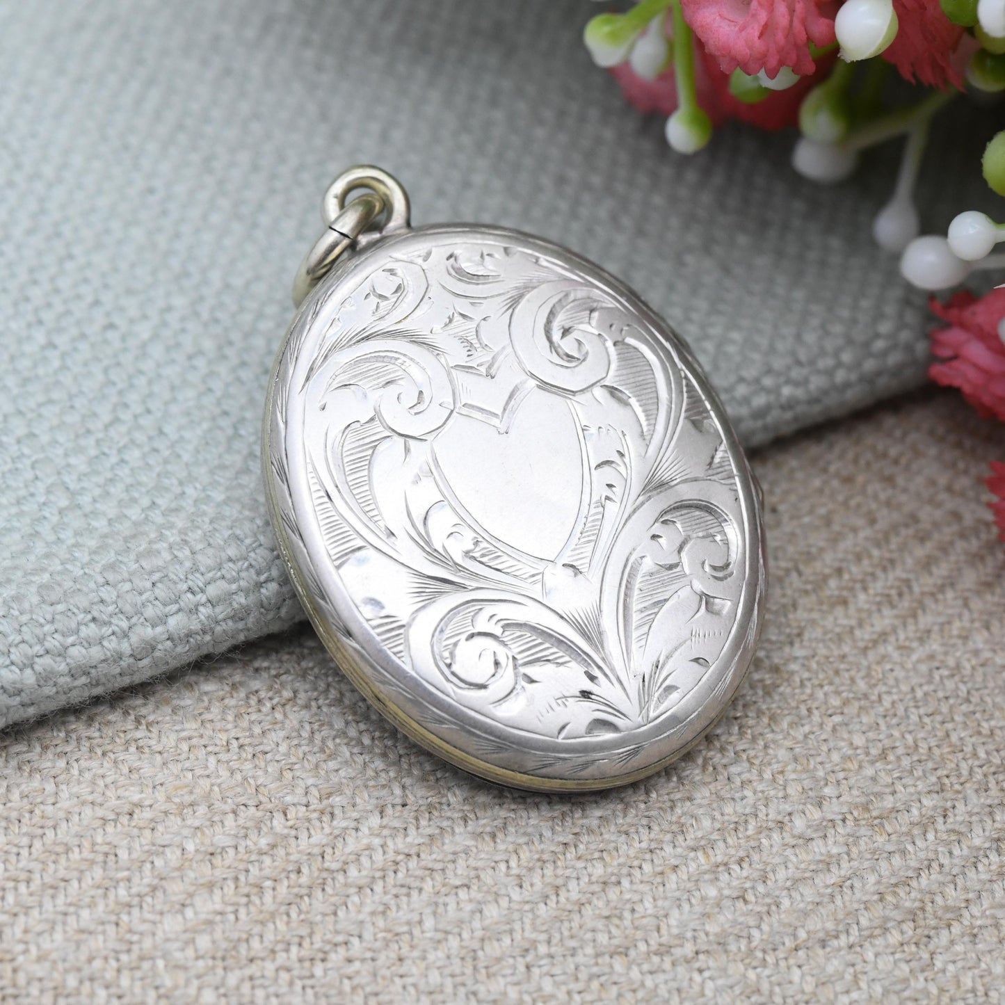 Antique Victorian Horseshoe Locket Pendant Sterling Silver Back and Front - Ornate Large Oval Necklace Pendant | Hand Engraved Aesthetic