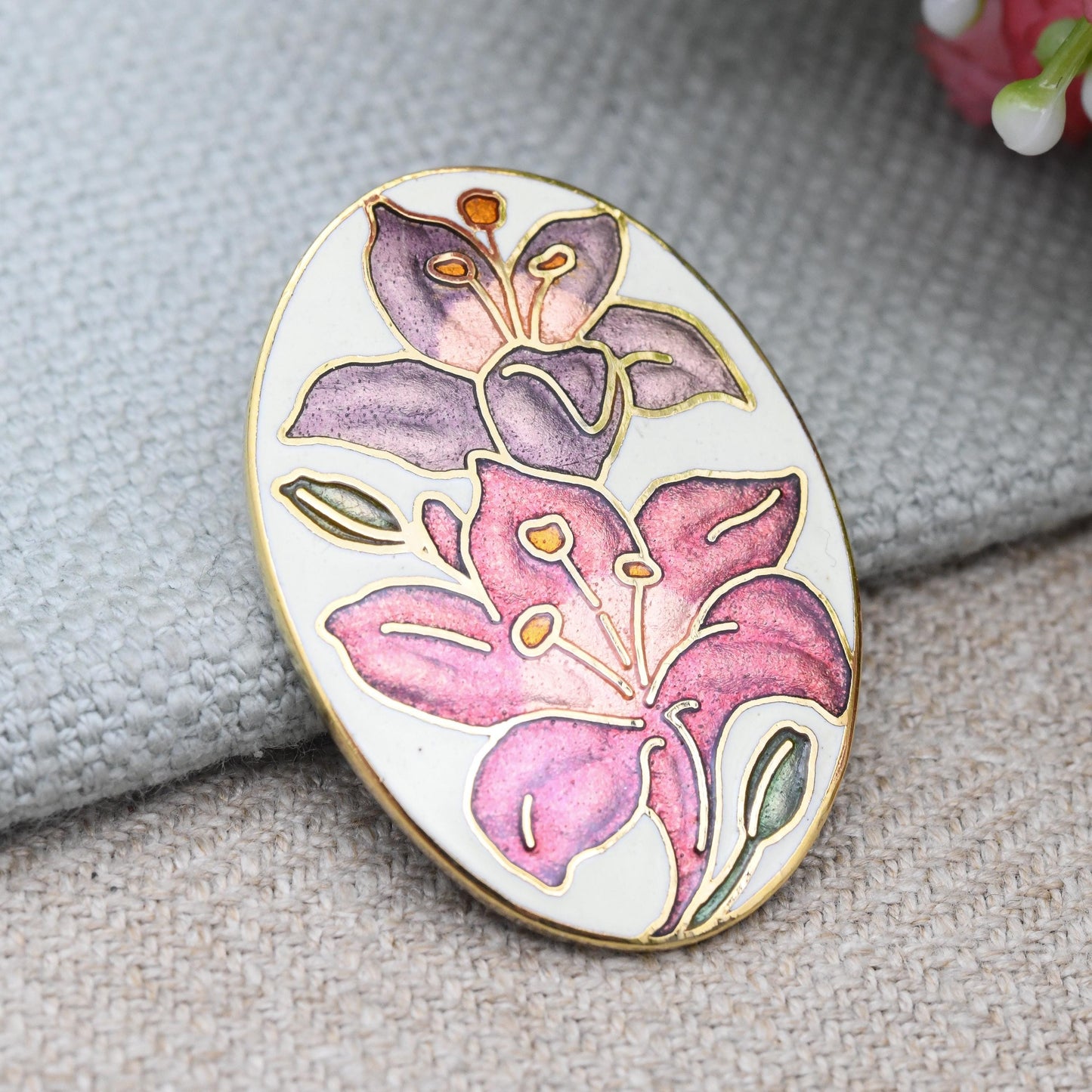 Vintage Fish Enamel Flower Brooch - Multi-tone Pink and Purple Enamel | Signed Costume Jewellery