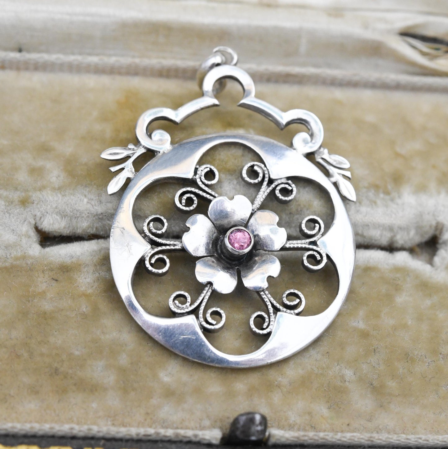 Antique Art Nouveau Silver Flower Pendant European 935 Silver - Open Wirework Design | Pink Stone Centre | Edwardian Era c 1910s