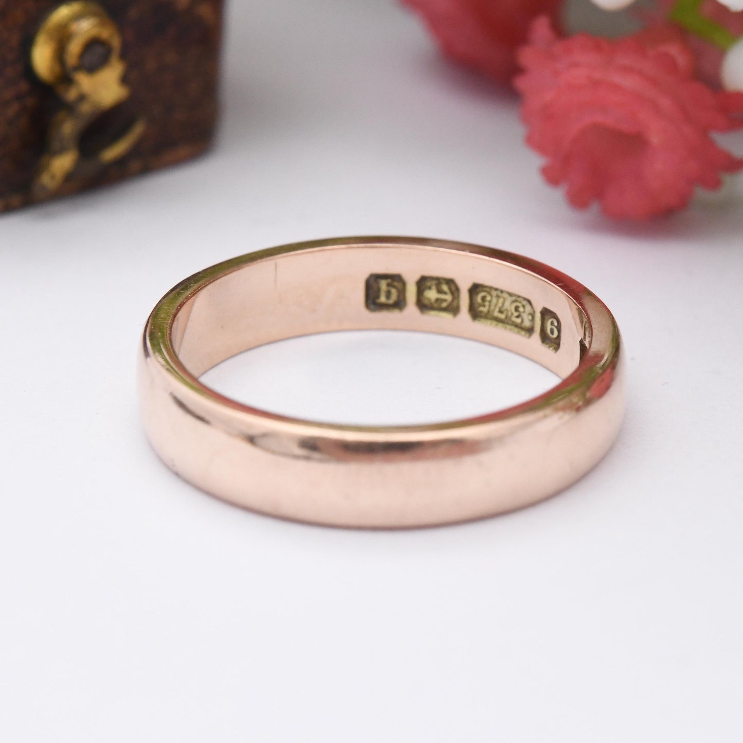 Antique 9ct Rose Gold Wedding Band Ring 1915 - Solid Gold Stacking Ring | Unisex Everyday Gold Jewellery | UK Size - N 1/2 | US Size - 6 3/4