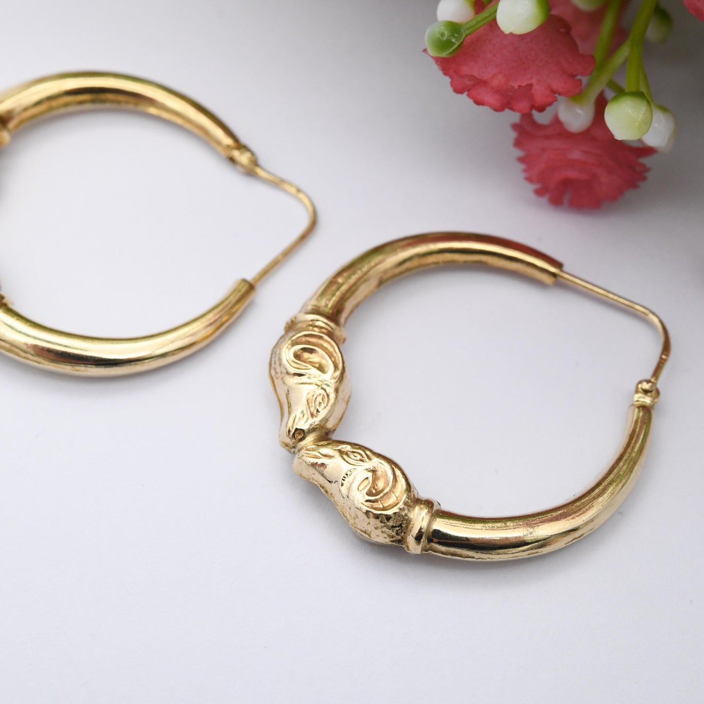 Vintage 9ct Gold Double Ram Head Hoop Earrings 29mm Diameter - Yellow Gold Hollow Round Hoops | Everyday Earrings | Big Animal Jewellery