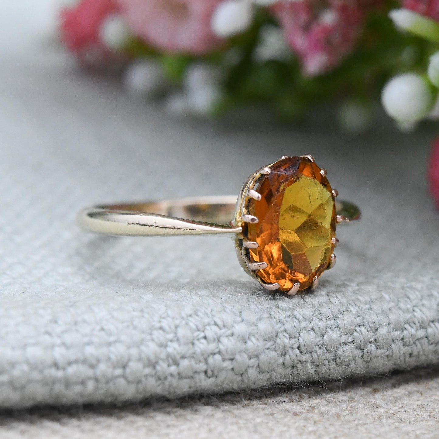 Antique 9ct Gold Citrine Paste Ring Large Orange Stone Solitaire - Minimal Claw Faceted Cocktail Dress Ring | UK Size - P | US Size - 7 3/4