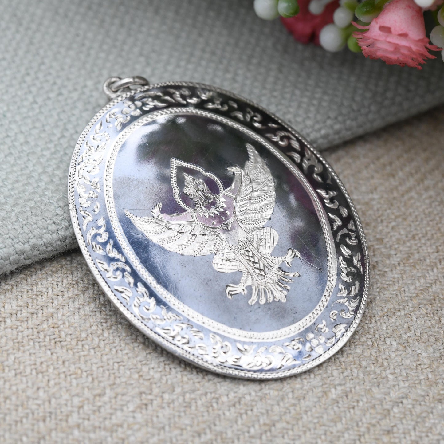 Vintage Sterling Silver Siam Garuda Pendant with Black Niello - Hand Engraved Decoration | Large Oval Shape | Religious God Jewellery
